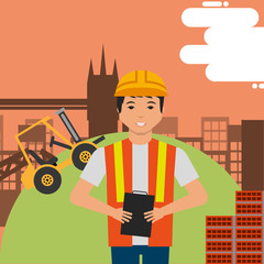 worker holds clipboard with hard hat and construction forklift structure bricks vector illustration