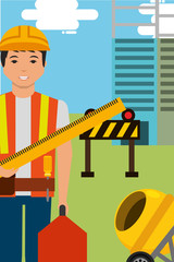 Fototapeta premium construction worker character holds ruler toolbox and equipment vector illustration