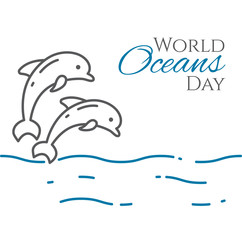 World oceans day banner with couple of dolphins jumping above water line style isolated on white background.