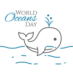 World oceans day banner with cute swimming whale expelling water line style isolated on white background.