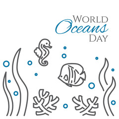 World oceans day banner with fish, sea horse, corals and seaweed line style isolated on white background.