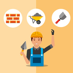 construction worker holding spatula and wheelbarrow bricks tools vector illustration