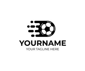 Football ball and soccer ball flies fast, logo template. Soccer cup championship and  sport tournament by football, vector design. Football club and football club, illustration