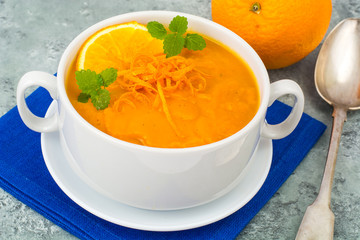 Dietary pumpkin, carrot soup puree with orange