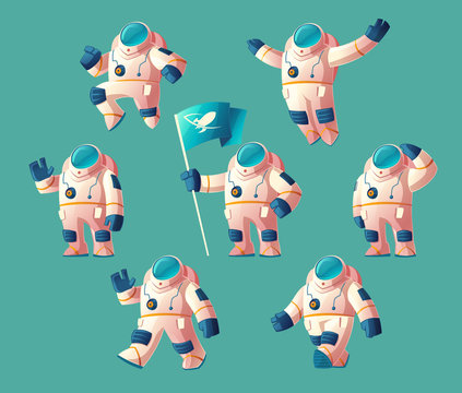 Vector set of cartoon spaceman, moving cosmonaut in spacesuit, helmet isolated on blue background. Futuristic clothing for exploration of cosmos, galaxy, space.