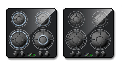 Vector 3d realistic gas stove. Black cooker top with burners with flame, hobs with fire. Smart domestic appliance, modern technology. Switched on or off household equipment.