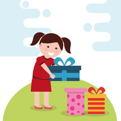 Obraz na płótnie Canvas young happy girl holding a bright gift box and many presents in floor vector vector illustration