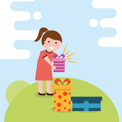 young happy girl holding a bright gift box and many presents in floor vector vector illustration