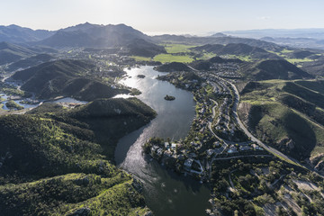 Aerial view of Lake Sherwood, Hidden Valley and the Santa Monica Mountains in Ventura County,...
