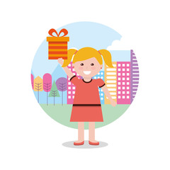 happy young girl holding gift box and city background vector illustration