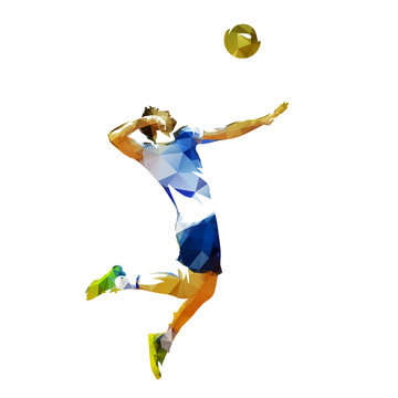 Volleyball player serving ball, abstract polygonal vector illustration