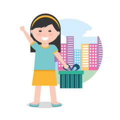 happy young girl holding gift box and city background vector illustration
