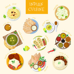 Indian food vector India cuisine and asian dishes masala with spicy rice and tandoori chicken illustration set of asia meal naan in bowl isolated on white background