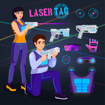Gamer in laser tag vector player character gaming in lasertag with gun shooting in aim illustration set of people playing in gameplay with laser weapon isolated on background