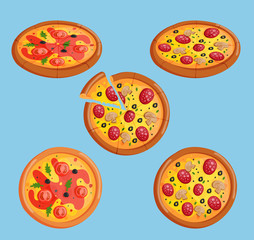 Vector pizza flat food collection isolated illustration piece slice. Pizzeria food menu product on white background, pepperoni, margarita italian pizza ingredients