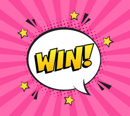 Retro comic speech bubble with colorful halftone shadow on pink stripes pattern. Expression text WIN. Vector illustration, vintage design, pop art style.