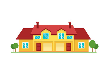 Colorful cute cottage country house exterior on white background. Vector illustration of townhouse fasade.