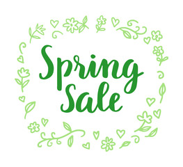 Spring sale cute calligraphic lettering with hand drawn green floral frame on white background. Perfect for sales banner, posters, print ect. Vector illustration