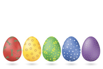 A set of five multi-colored Easter eggs with different patterns. Vector.