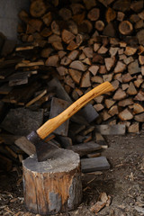 The ax in the stump on the background of firewood