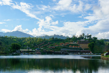 Fototapeta premium panorama landscape view of big lake with blue sky and cloud at Ban Rak Thai,Mae Hong Son,Thailand