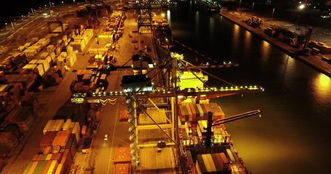 Cargo Port Night Operations - Aerial Shot of Loading Cargo Ship