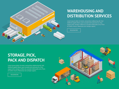 Web Banners Provision Of Warehouse Service And Storage, Pick, Pack And Dispatch. Isometric Vector Illustration