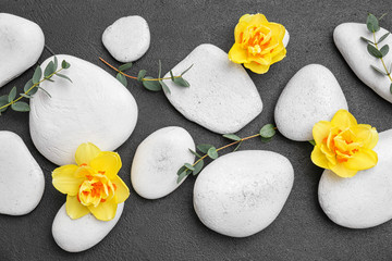 Spa stones and beautiful flowers on grey background