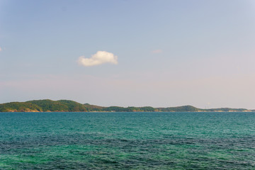 panorama landscape view of thailand bay with beautiful sea and clear blue sky.