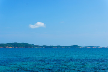 panorama landscape view of thailand bay with beautiful sea and clear blue sky.