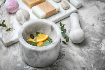 Beautiful composition with spa cosmetics on grey background