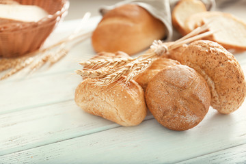 Freshly baked bread products on table