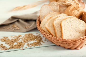Basket with bread products on table