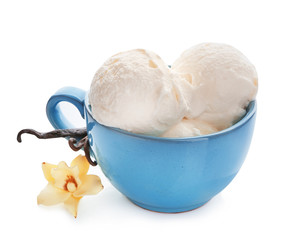 Cup with delicious vanilla ice cream on white background