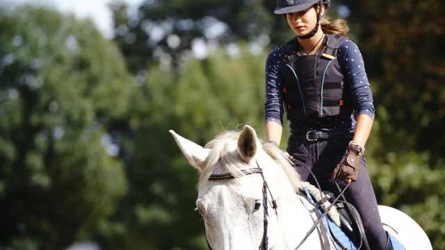 Young dressage rider concentrated on riding horse 4K