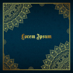 Greeting card, invitation or flyer template with golden mandala ornament. Hand drawn vector illustration