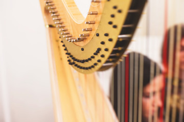 Female musician harpist playing harp during symphonic concert, with other musicians in the background, close up hands of the woman playing arf.