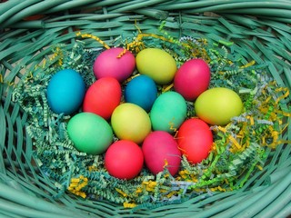 Colorful Easter eggs in a basket Christian holiday celebration