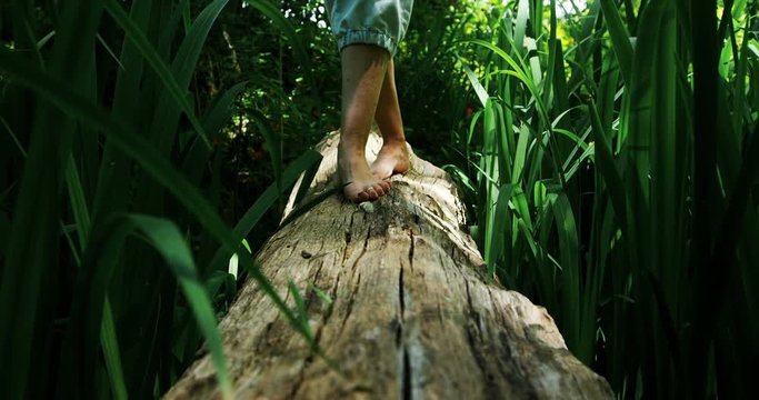 Woman walking over a wooden log in the park