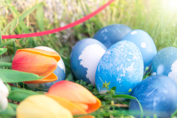 Happy easter, blue organic easter eggs, easter holiday decorations, easter concept backgrounds with copy space