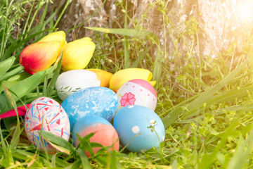 Happy easter, blue organic easter eggs, easter holiday decorations, easter concept backgrounds with copy space