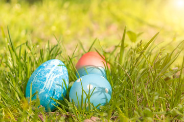 Happy easter, blue organic easter eggs, easter holiday decorations, easter concept backgrounds with copy space
