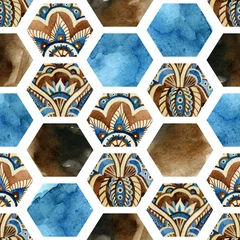 Behang Hexagon Aquarel zeshoek met aquarel papier texturen en paisley ornament.