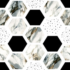 Hexagone aquarelle avec rayures, marbre couleur aquarelle, grainé, grunge, textures de papier.