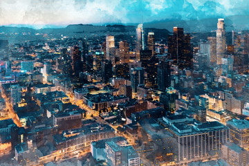 Aerial view sketch of Downtown Los Angeles at twilight
