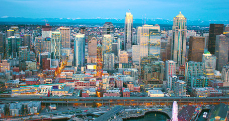 Fototapeta na wymiar Seattle Pike Street Aerial View Skyline Buildings Downtown