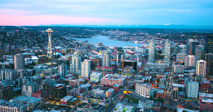 Seattle Panoramic South Lake Union Buildings Under Construction Center Growing City Sunset Red Clouds Aerial View Looking North © CascadeCreatives