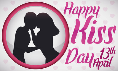 Round Button with Affectionate Couple Silhouette Celebrating Kiss Day, Vector Illustration