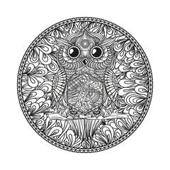 Mandala with owl. Zentangle. Hand drawn abstract patterns on isolation background. Design for spiritual relaxation for adults. Zendala. Outline for tattoo, printing on t-shirts, posters and other