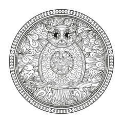 Circle zendala with bird. Zentangle. Abstract owl. Mandala. Decorative style. Line art creative. Pattern. Zen art. Design for spiritual relaxation for adults. Black and white illustration for coloring